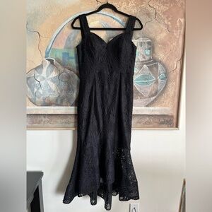 Bariano Australia Black Lace Midi Formal Fishtail Hem Dress